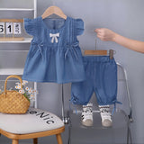 Girls Blue Denim Bow Applique Top & Shorts Co-ord Sets