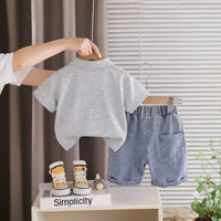 Boys Light Grey Short Sleeve Polo T-shirt With Denim Shorts Sets 2 pc. Sets