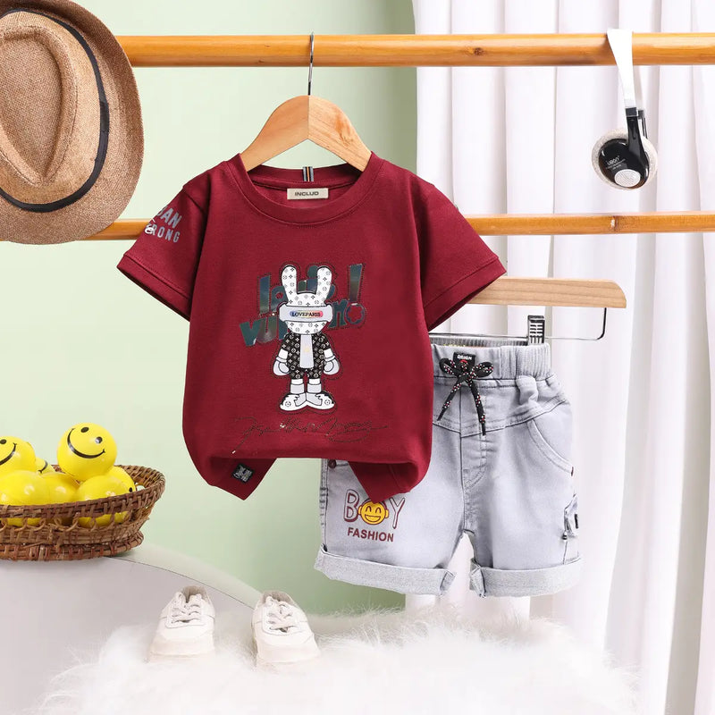 Boys Maroon Graphics Short Sleeve T-Shirt With Elasticated Shorts Sets 2 pc. Sets Maroon 9-12 M