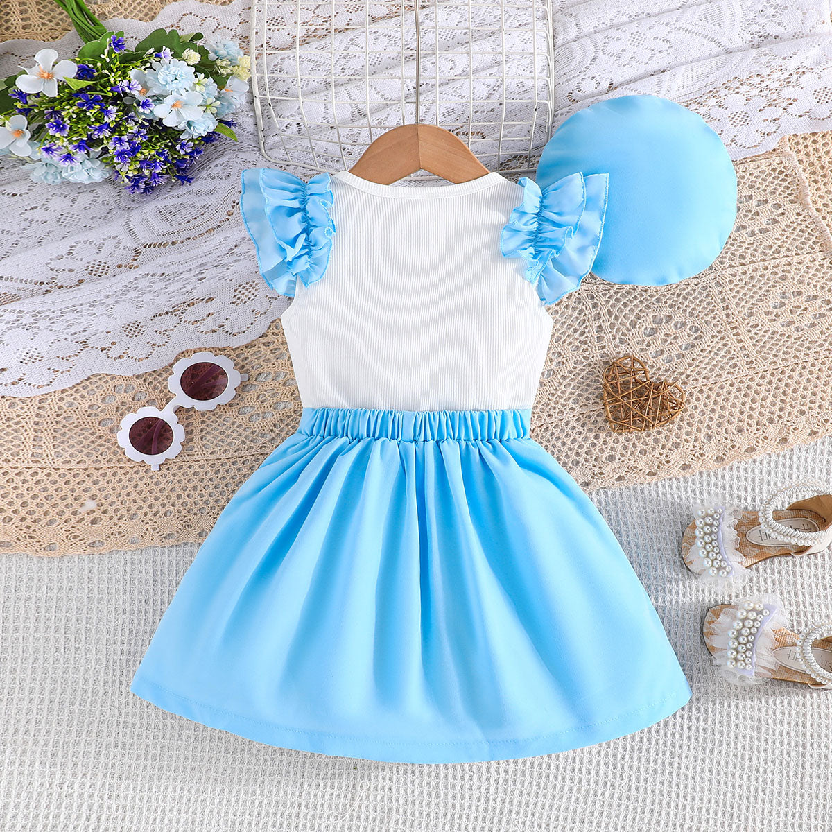 Girls Sleeveless Top With Light Blue Cap & Skirt Set Sets