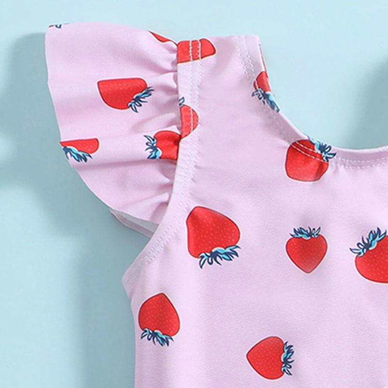 Girls Pink Strawberry Print Swimwear Bodysuit Beachwear