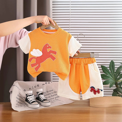 Boys Orange Horse Cartoon Print T-Shirt & Shorts Co-ord Sets Sets Orange 1-2 Y