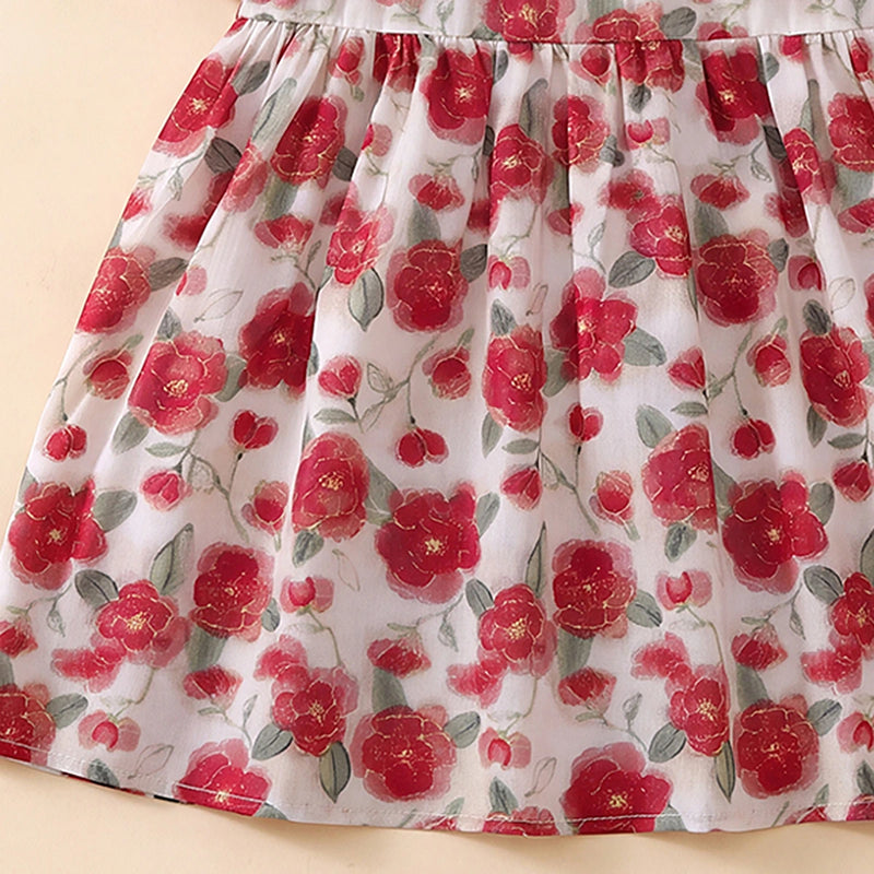 Girls Red Floral Print Puff Sleeve Dress Casual Dresses