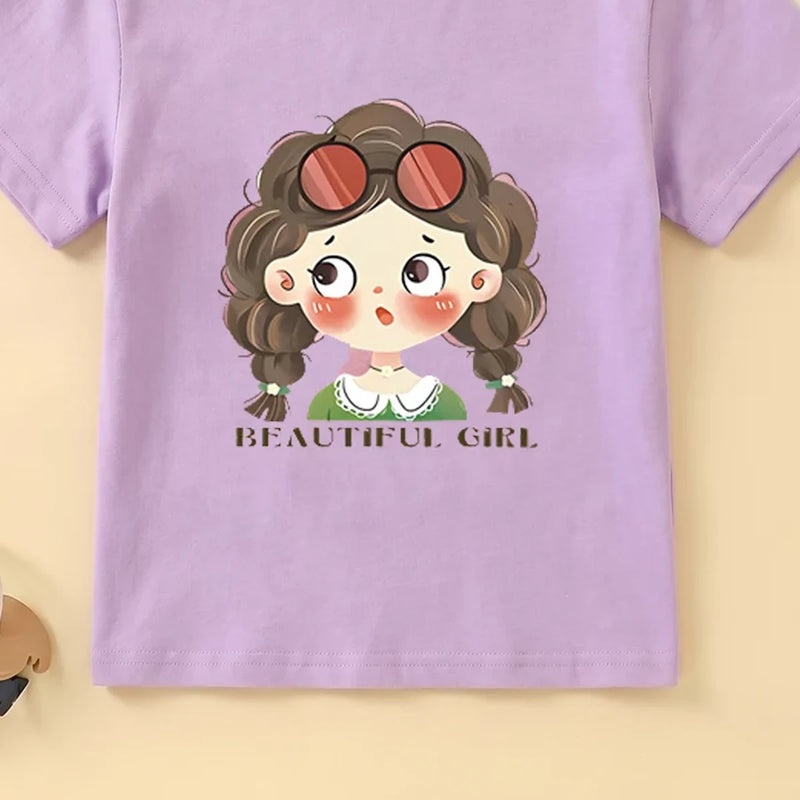 Girls Purple Short Sleeve Girl Graphic Print T-Shirt Tshirts
