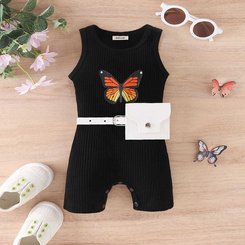 Girls Butterfly Print Knitted Jumpsuit With Waist Bag Belt Set Jumpsuits Black 1-2 Y 