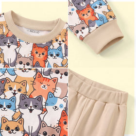 Boys Multicolour Cat Print Sweatshirt With Pants Sets 2 pc. Sets