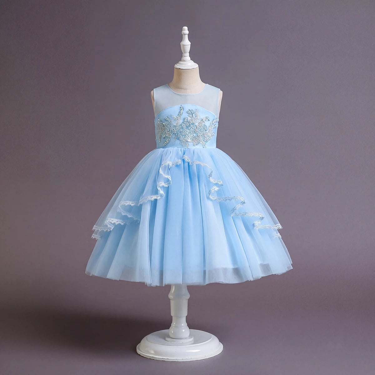 Girls Sky Blue Embellished Sleeveless Layered Party Wear Dress Party Dresses Sky Blue 3-4 Y