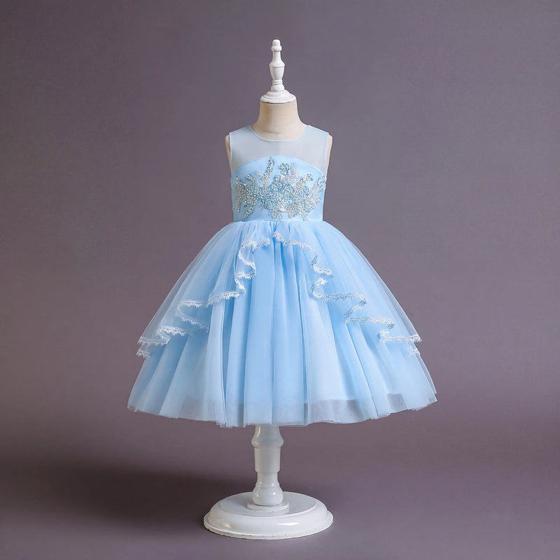 Girls Sky Blue Embellished Sleeveless Layered Party Wear Dress Party Dresses Sky Blue 3-4 Y