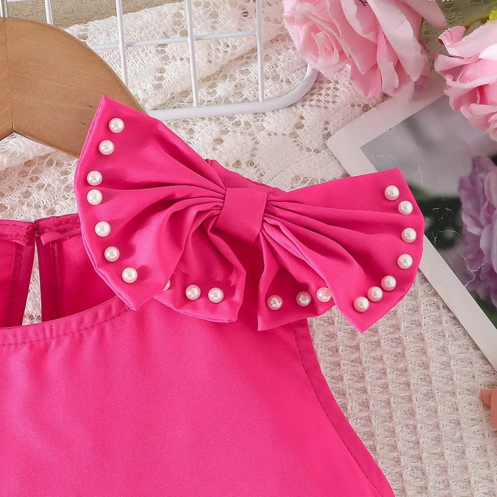 Girls Fuchsia Pearl Bow Lace Top With Denim Shorts Sets Sets