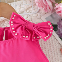 Girls Fuchsia Pearl Bow Lace Top With Denim Shorts Sets Sets