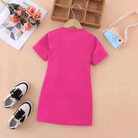 Girls Fuchsia Teddy Bear Graphic Short Sleeve T-Shirt Dress Casual Dresses