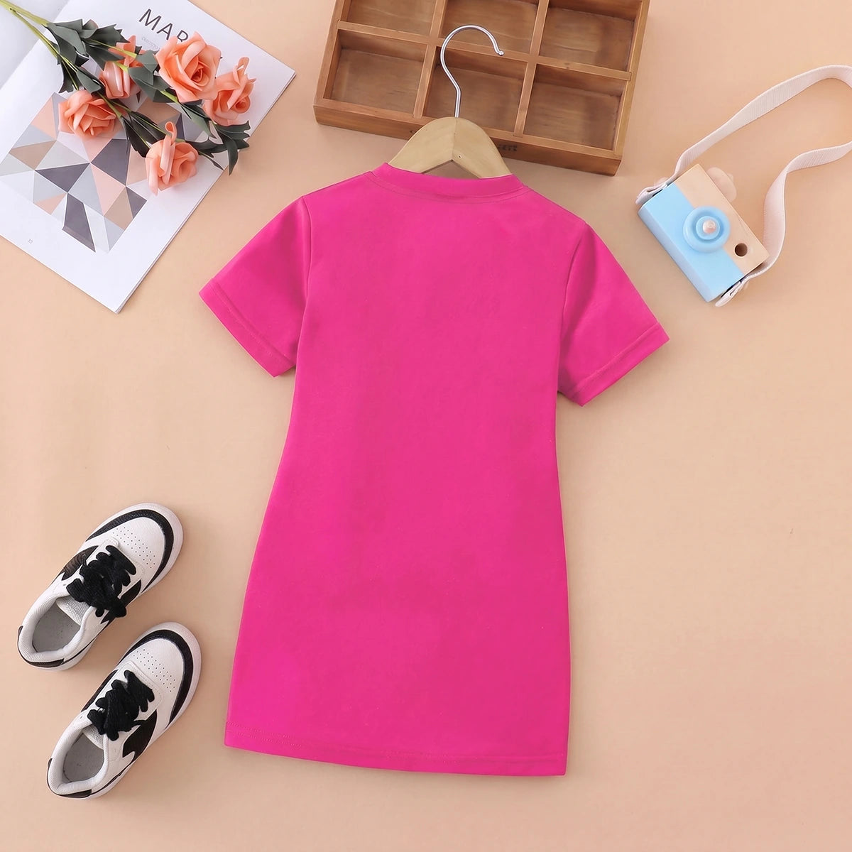 Girls Fuchsia Teddy Bear Graphic Short Sleeve T-Shirt Dress Casual Dresses