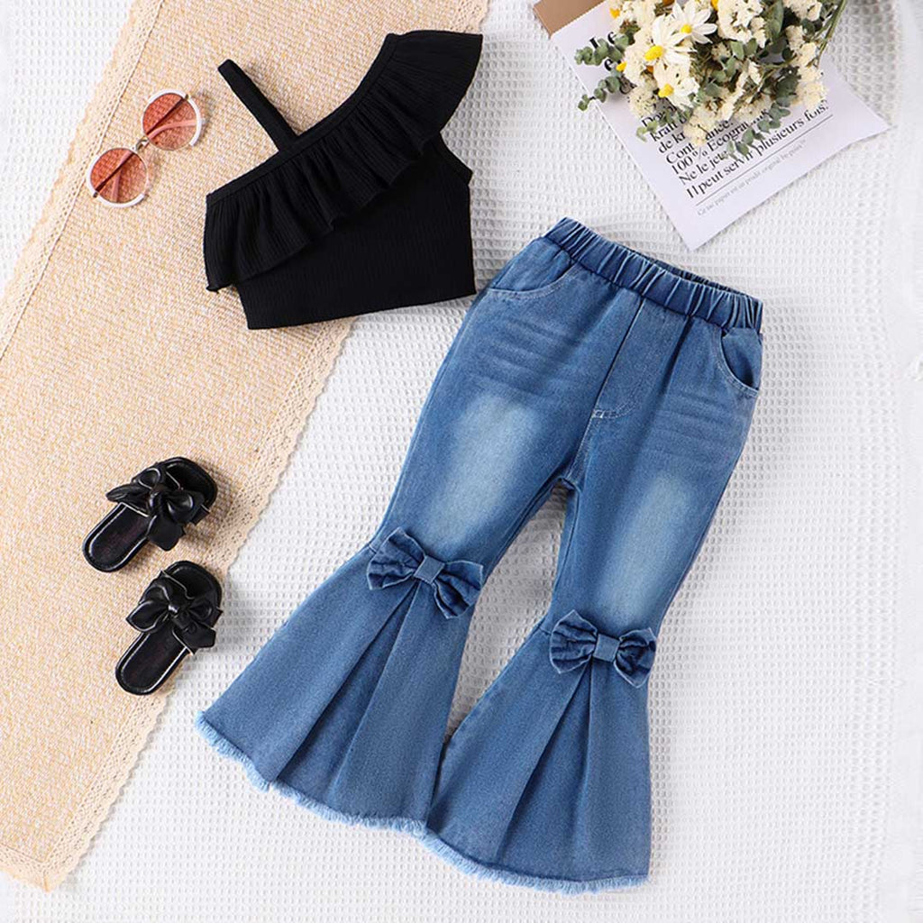 Girls One Shoulder Crop Top With Flared Jeans Set