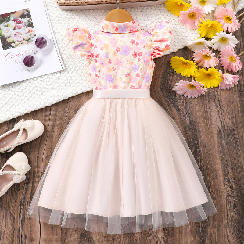 Girls Pink Floral Printed Flared Sleeve Shirt Dress With Belt Casual Dresses