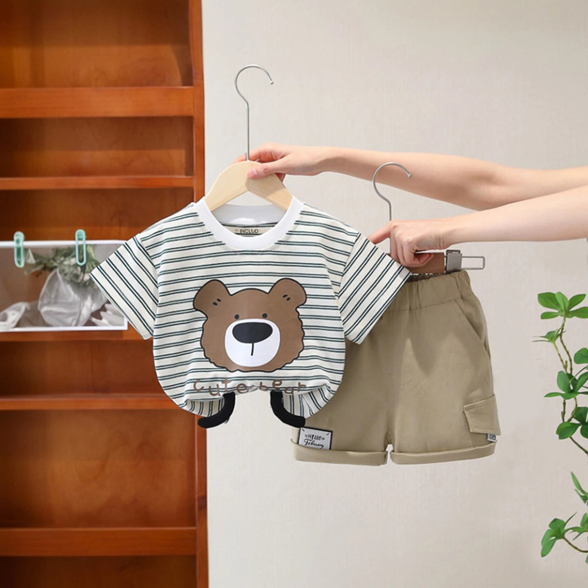 Boys Striped Bear Printed Short Sleeve T-Shirt With Beige Elasticated Shorts Sets 2 pc. Sets Beige 1-2 Y