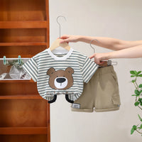 Boys Striped Bear Printed Short Sleeve T-Shirt With Beige Elasticated Shorts Sets 2 pc. Sets Beige 1-2 Y