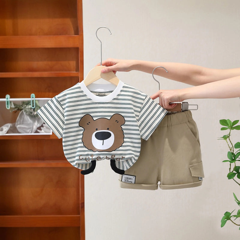 Boys Striped Bear Printed Short Sleeve T-Shirt With Beige Elasticated Shorts Sets 2 pc. Sets Beige 1-2 Y