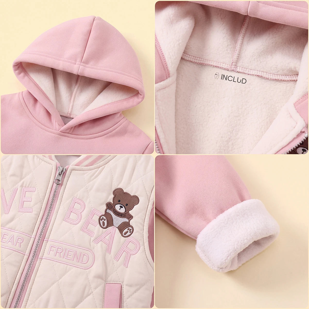 Girls Pink Embroidered Regular Sweatshirt With Sleeveless Jackets, Pants & Bag Sets 4 pc. Sets