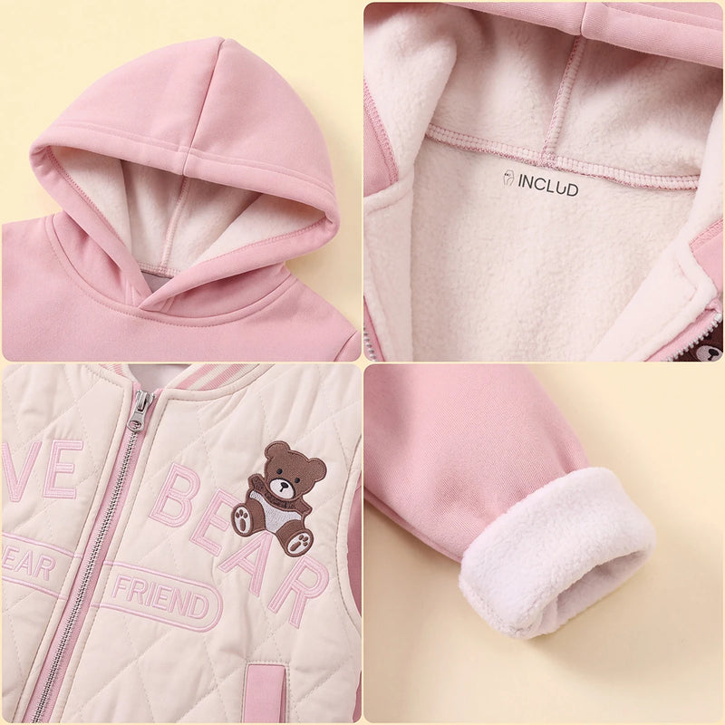 Girls Pink Embroidered Regular Sweatshirt With Sleeveless Jackets, Pants & Bag Sets 4 pc. Sets