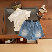 Girls White Butterfly Applique T-Shirt With Denim Shorts Sets 2 pc. Sets