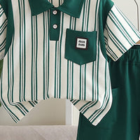 Boys Green Striped Contrast Collared Polo T-Shirt With Shorts Set 2 pc. Sets
