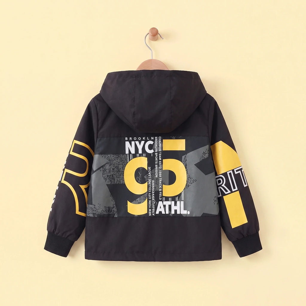 Boys Yellow Letter Printed Front Open Trendy Hooded Jacket Coats & Jackets
