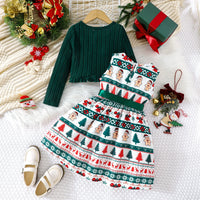 Girls Multicolor Christmas Theme Printed Fit & Flare Dress With Shrug Casual Dresses