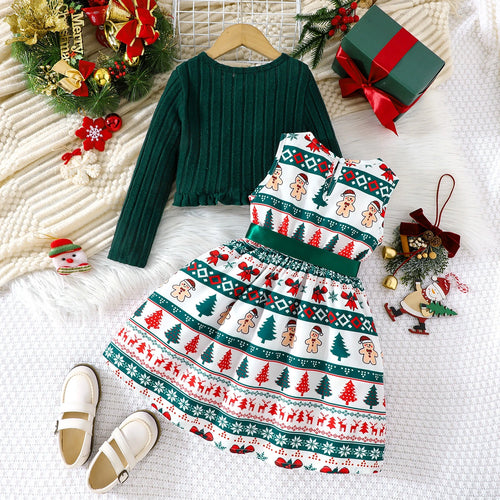 Girls Multicolor Christmas Theme Printed Fit & Flare Dress With Shrug Casual Dresses