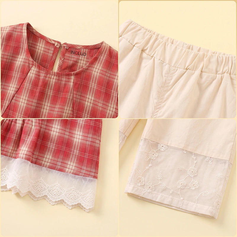 Girls Red Checked Sleeveless Top with Pants Sets 2 pc. Sets