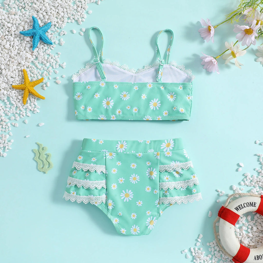 Girls Green Floral Printed Top & Briefs With Lace Trims Swimwear Sets Sets