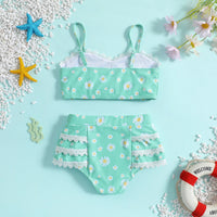 Girls Green Floral Printed Top & Briefs With Lace Trims Swimwear Sets Sets