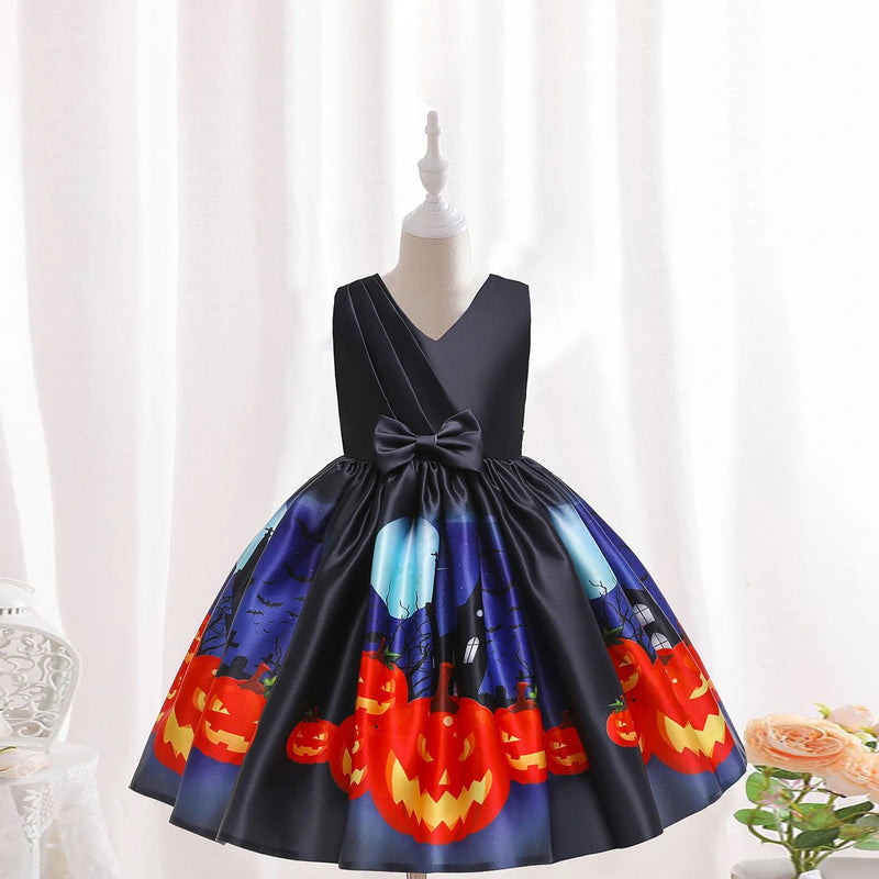 Girls Black Halloween Pumpkin Printed Fit & Flare Party Wear Dress Party Dresses Black 3-4 Y