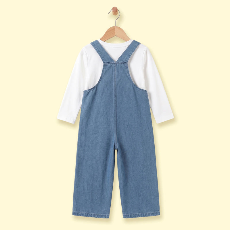 Girls Blue Denim Bow Embroidered Dungaree Jumpsuits