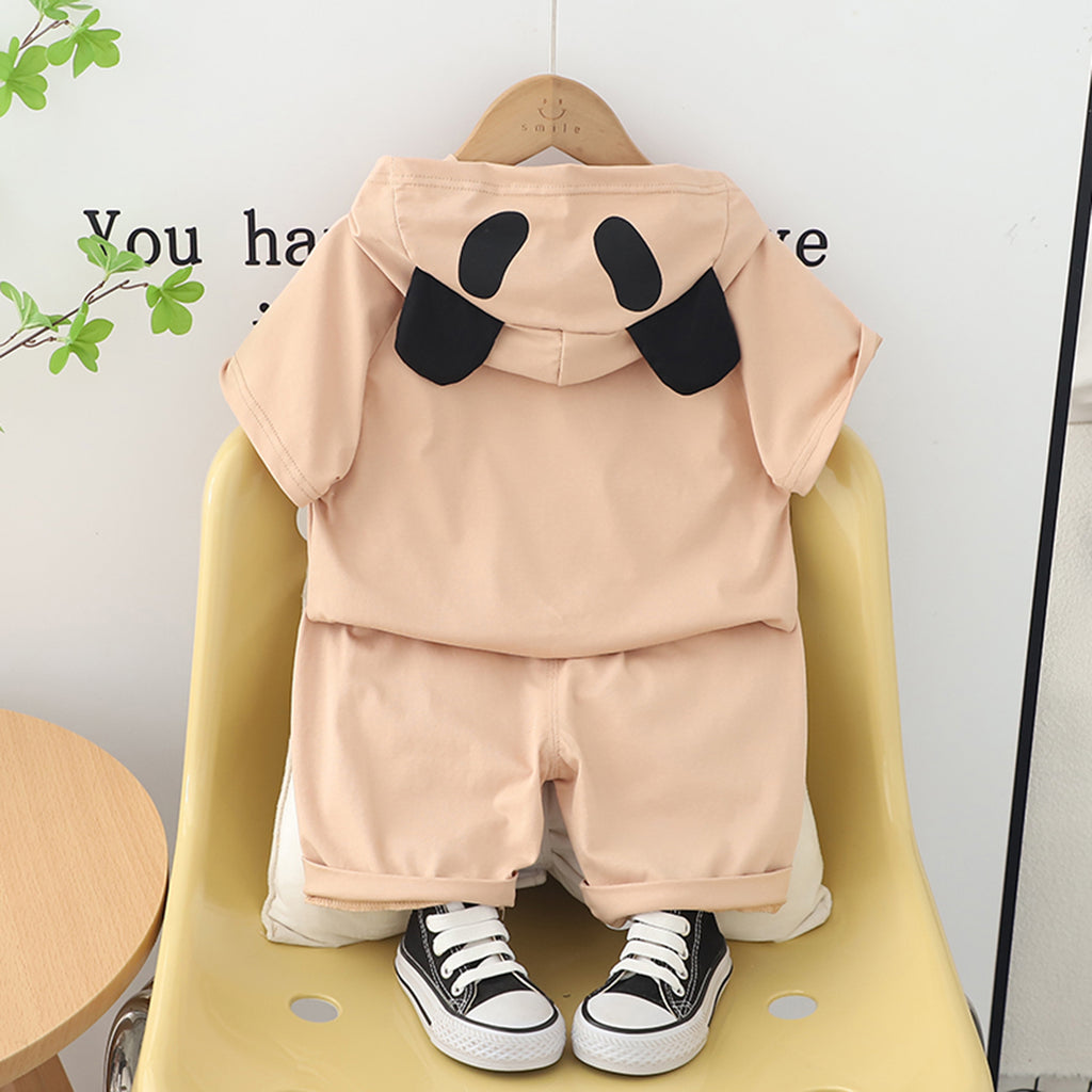 Boys Peach Panda Printed Hooded T-Shirt with Shorts Set Sets