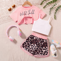 Girls Pink Typography Print Shrug With Cami Top & Leopard Print Shorts Sets 3 pc. Sets Pink 3-4 Y
