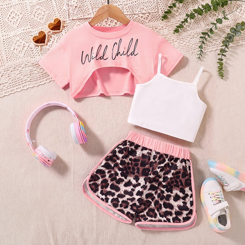 Girls Pink Typography Print Shrug With Cami Top & Leopard Print Shorts Sets 3 pc. Sets Pink 3-4 Y