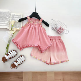 Girls Pink Floral Embroidered Ruffle Top With Elasticated Shorts Sets 2 pc. Sets Pink 1-2 Y