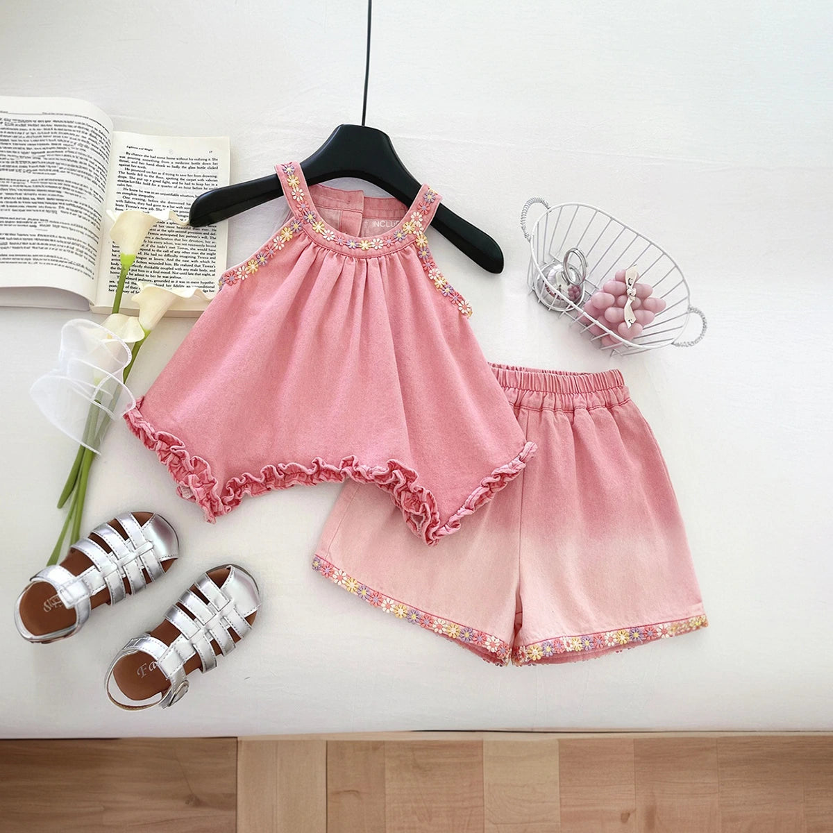 Girls Pink Floral Embroidered Ruffle Top With Elasticated Shorts Sets 2 pc. Sets Pink 1-2 Y