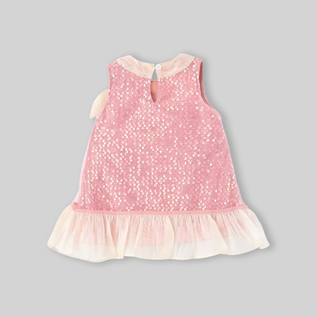Girls Pink Sequined Sleveless A-Line Dress With Bow Detail Casual Dresses