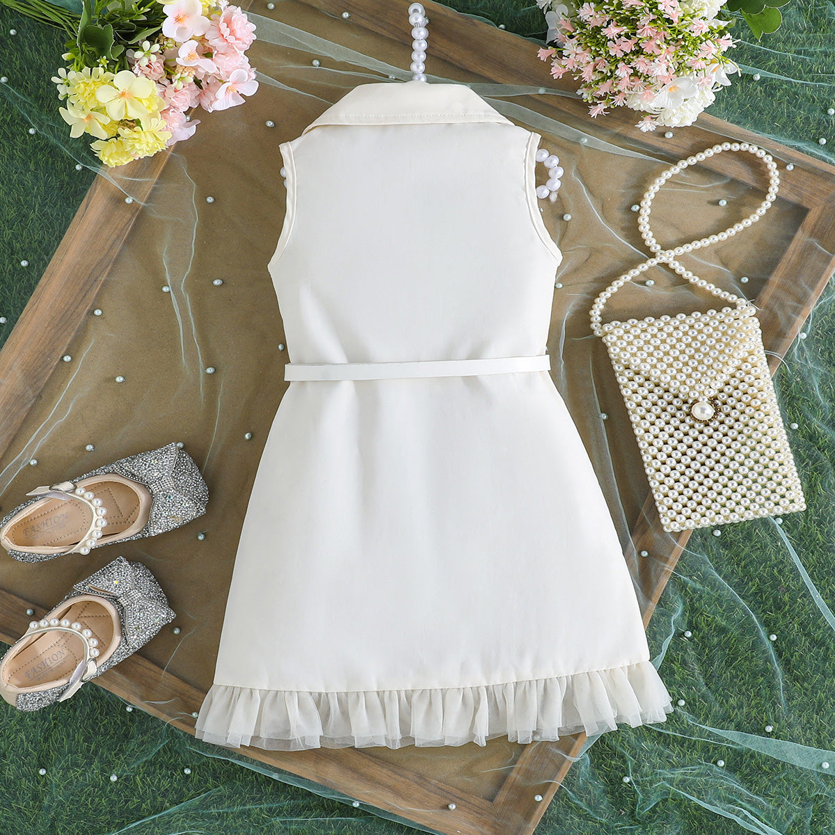 Girls Apricot Sleeveless Double Pocket Shirt Dress Casual Dresses