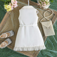Girls Apricot Sleeveless Double Pocket Shirt Dress Casual Dresses