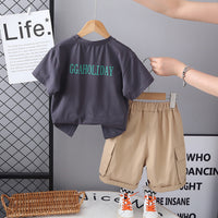 Boys Dark Grey Graphic Printed Short Sleeves T-Shirt With Cargo Shorts Set 2 pc. Sets