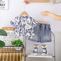 Boys Blue Typographic Print Short Sleeves T-Shirt With Denim Shorts Set Sets Blue 1-2 Y
