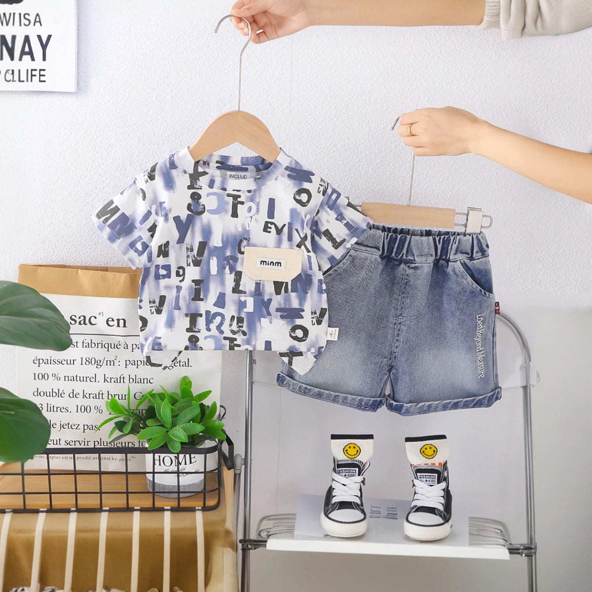 Boys Blue Typographic Print Short Sleeves T-Shirt With Denim Shorts Set Sets Blue 1-2 Y