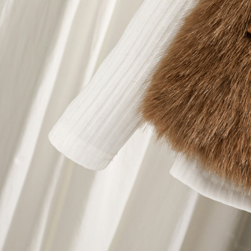Girls Dark Brown Faux Fur Jacket with Skiwi & PU Flared Skirt Set Sets