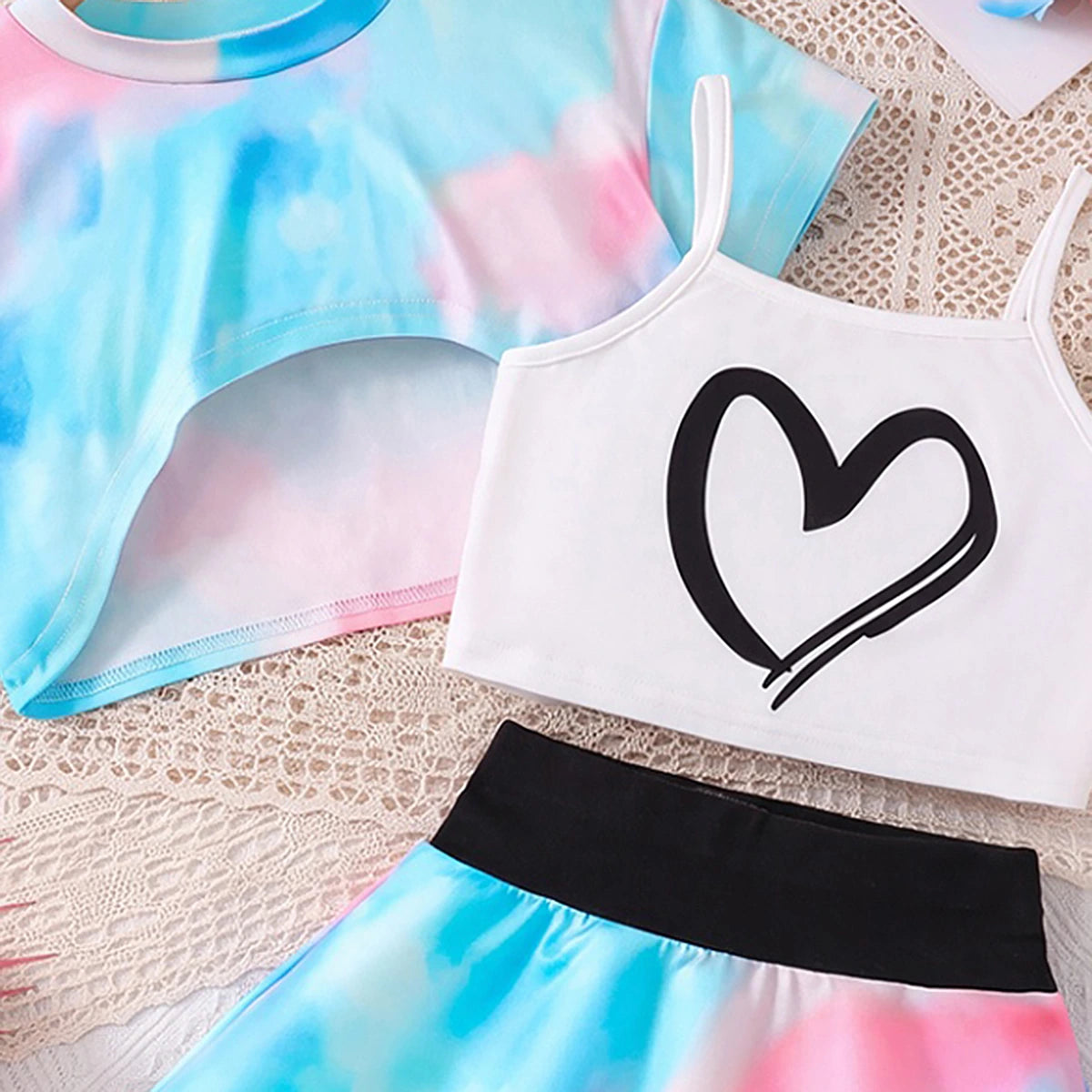 Girls Multicolour Tie & Dye Print Shrug With Cami Top & Skirt Sets 3 pc. Sets