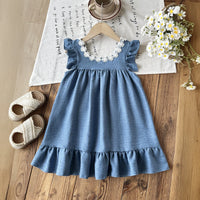 Girls Blue Sleeveless Floral Embroidered A-line Dress Casual Dresses