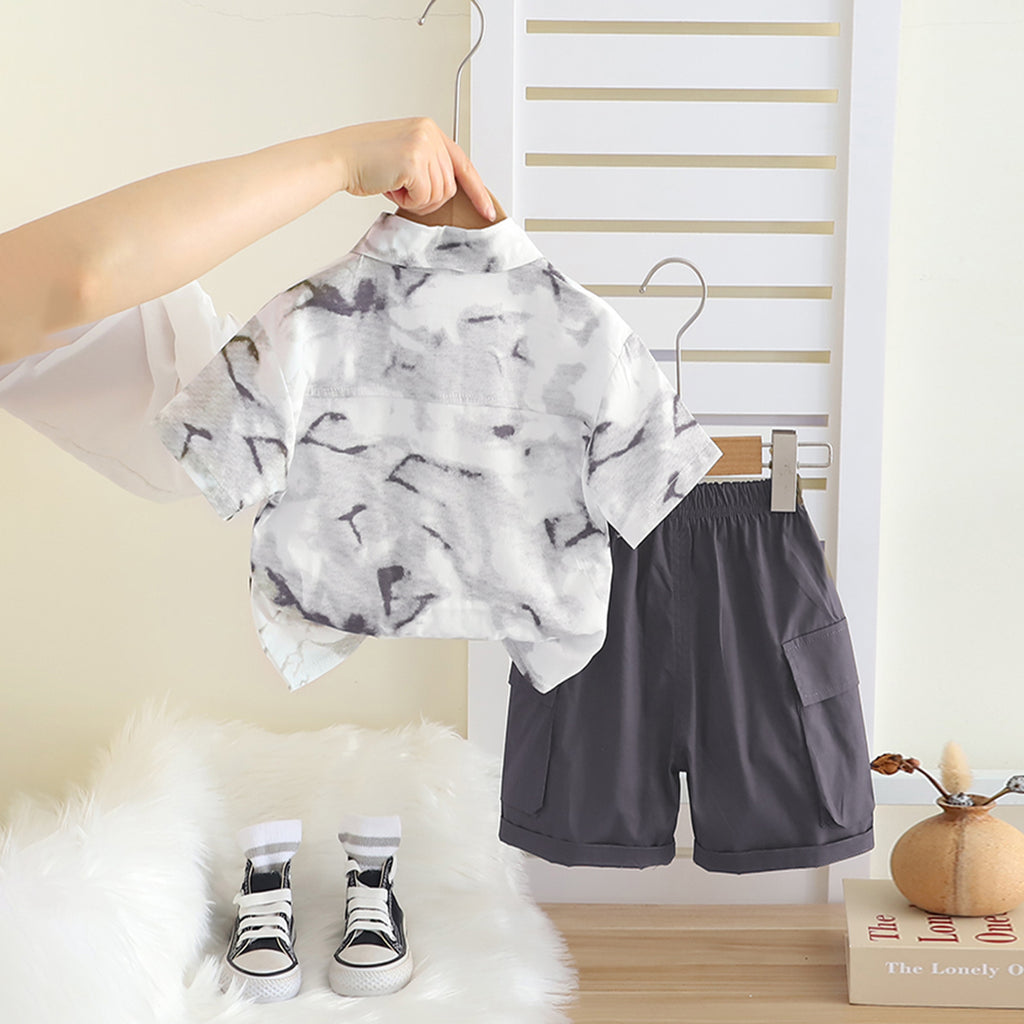 Boys Grey Abstract Printed Short Sleeves Shirt With T-Shirt And Cargo Shorts Set Sets