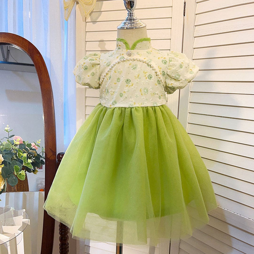 Girls Floral Print with Glitter Tulle Casual Dress