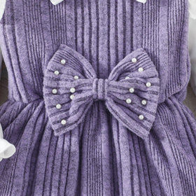 Girls Purple Self-Design Striped Long Sleeves Fit & Flare Dress With Bow Casual Dresses